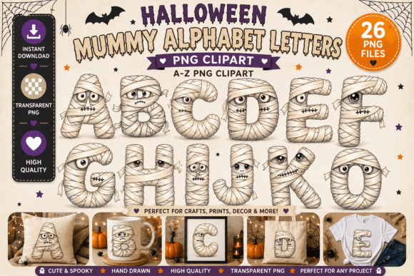 Cute Halloween Mummy Alphabet Clipart: A Spooky-Cute Addition to Your Creative Projects