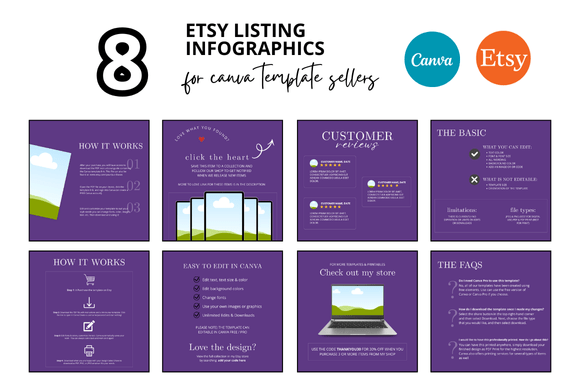 Elevate Your Etsy Shop with 8 Purple Etsy Listing Infographics and Customizable Mockups