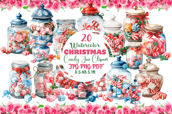 Watercolor Christmas Candy Jar Clipart
