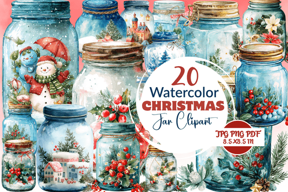 Watercolor Christmas Jar Clipart