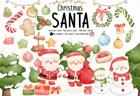 Watercolor Christmas Santa Clipart for Creators